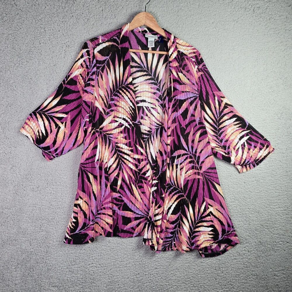 Catherines 3XWP Petite Palm Print Cardigan Purple Loose Knit Open Front Relaxed
